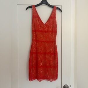 Bebe Orange Lace Mini Dress V-Neck Bodycon Cocktail Party XS